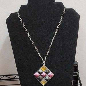 Wet Seal Silvertone Diamond Link Necklace with black, pink, and yellow pendant